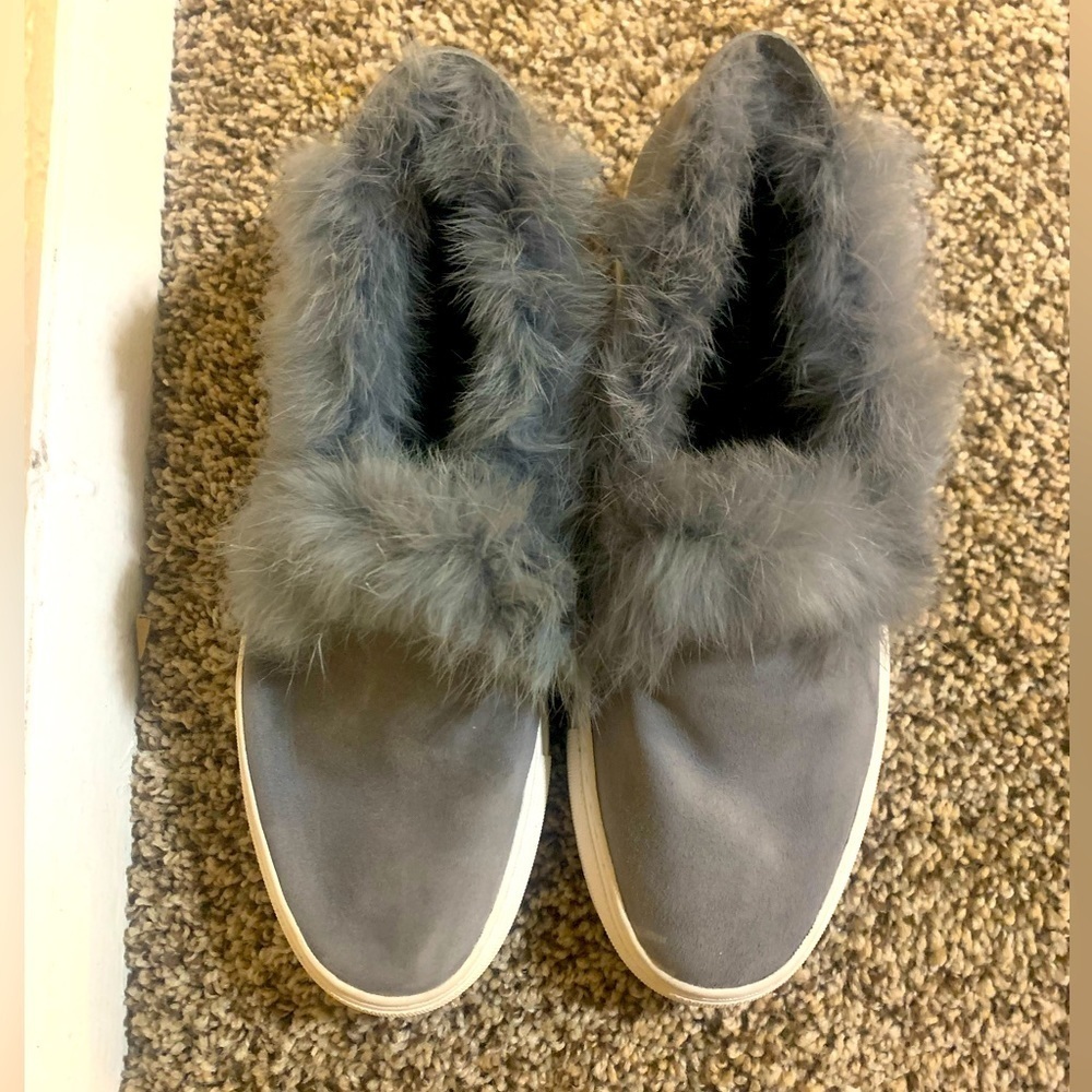 RACHEL ZOE Grey Suede Slip Ons Burke Fur Sz 7.5M Women’s GUC